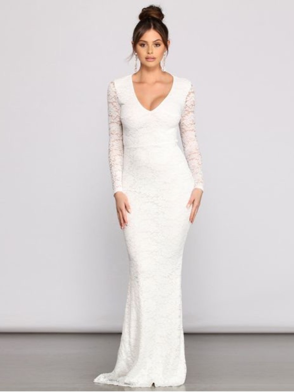 Windsor White Lace Long-Sleeve V-Neck Mermaid Style Gown